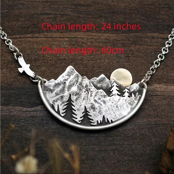 Boho Style Mountain Scene Silver Pendant Necklace - Picture 2 of 5